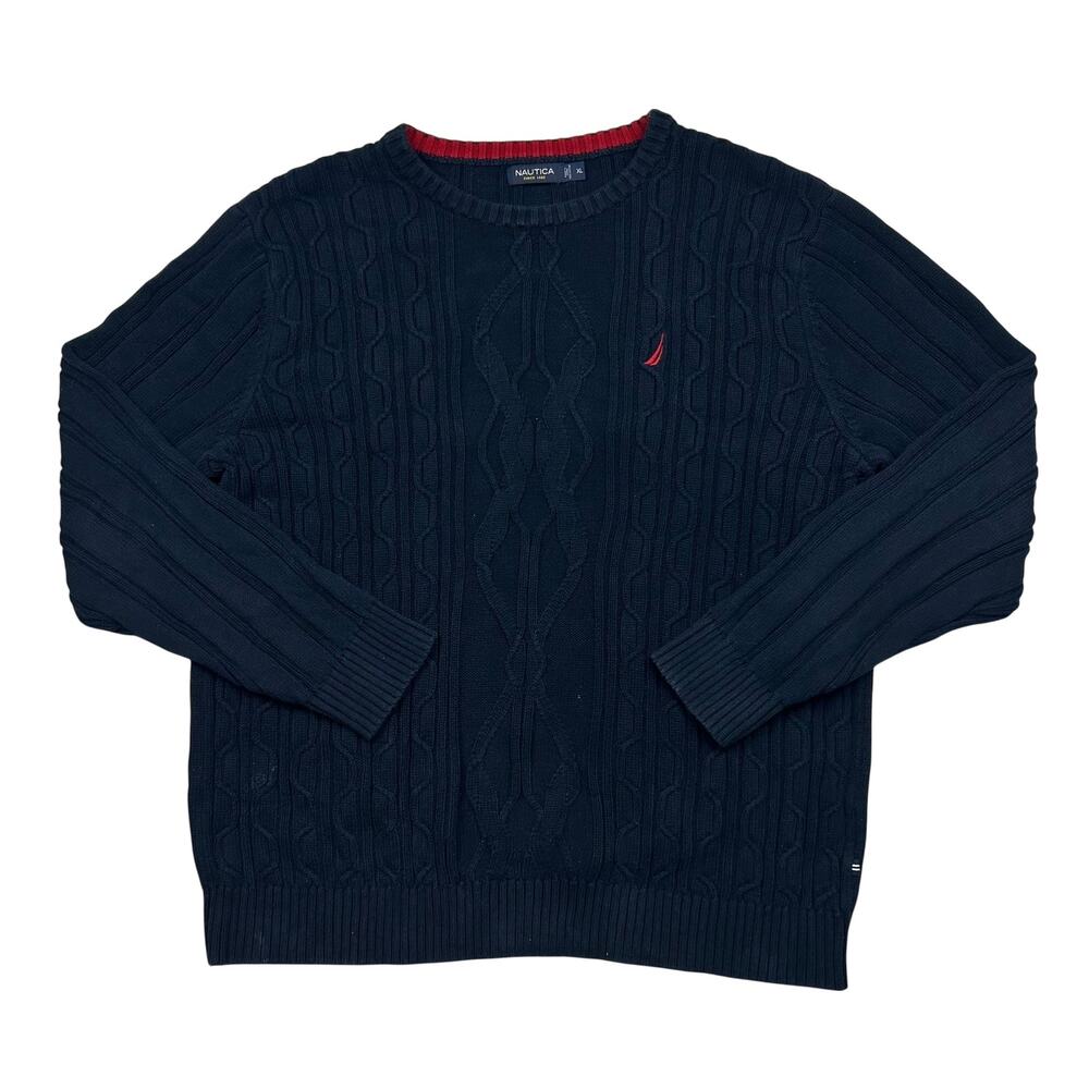 Nautica Cable Knit Sweater Mens XL Navy Blue Crewneck Sailboat Logo Preppy